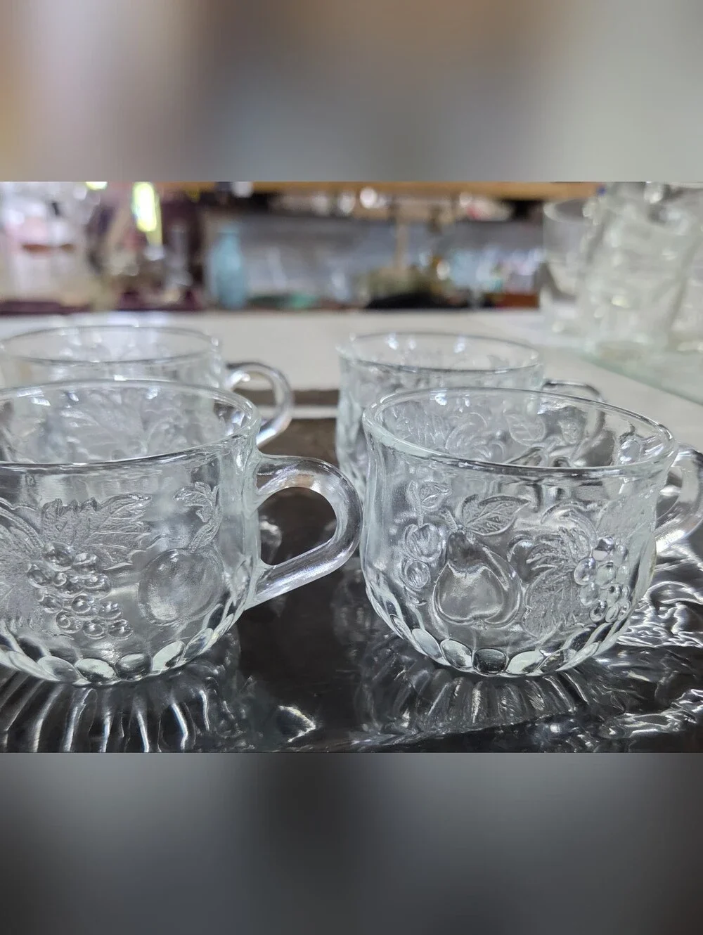 Vintage Jeannette Glass Fruit Clear Punch Cups Set of 12 Orchard Embossed MCM